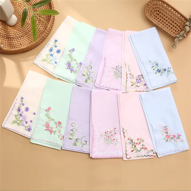 

1Pc 40x40cm 100% Cotton Flower Embroidered Solid Color Women Handkerchiefs Wiping Hand Towels Wedding Party Gift