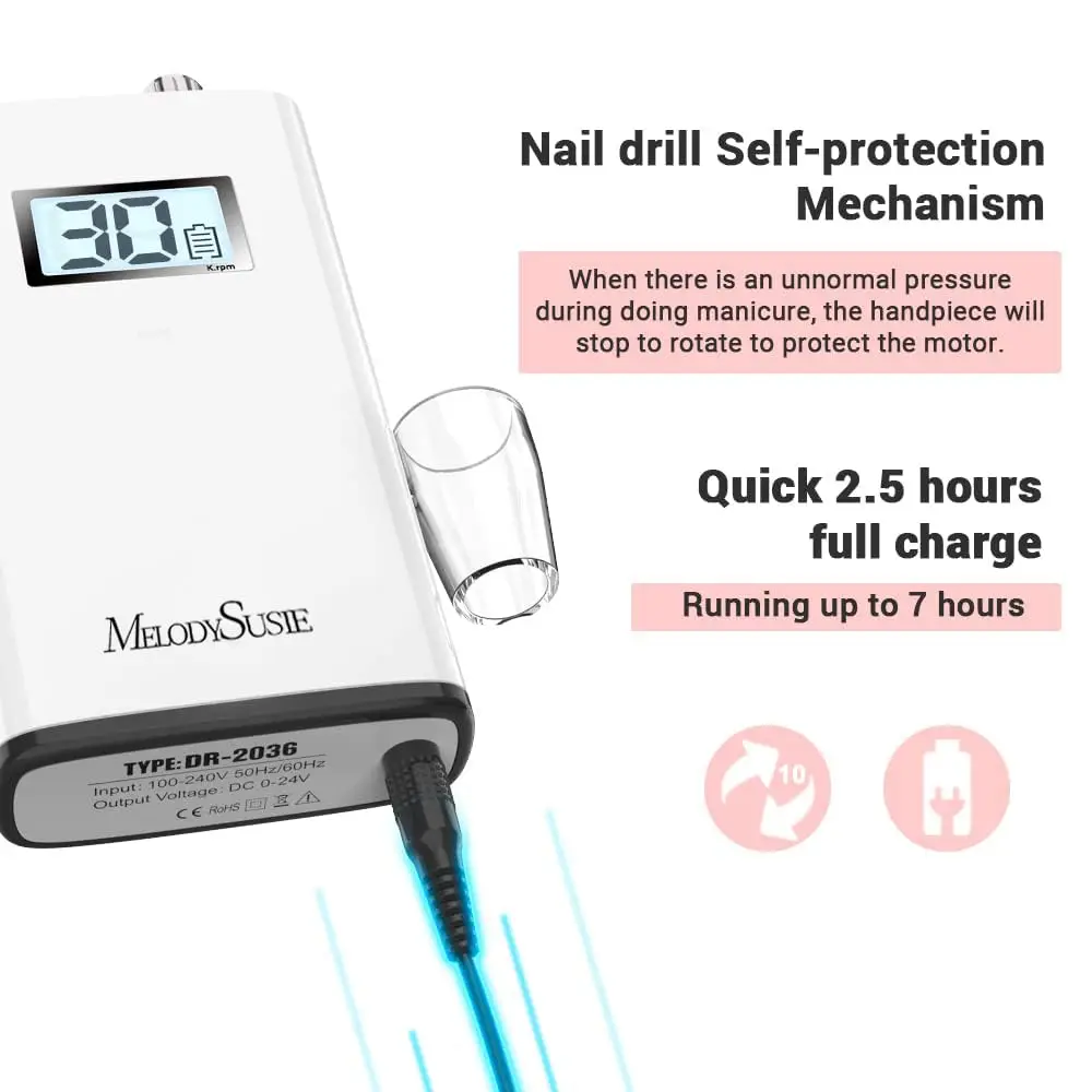 Bezprzewodowa frezarka do paznokci dla początkujących, 30000 obr./min, pilnik elektryczny z wyświetlaczem LCD do manicure i usuwania żelu, idealna do nauki i użytku domowego.