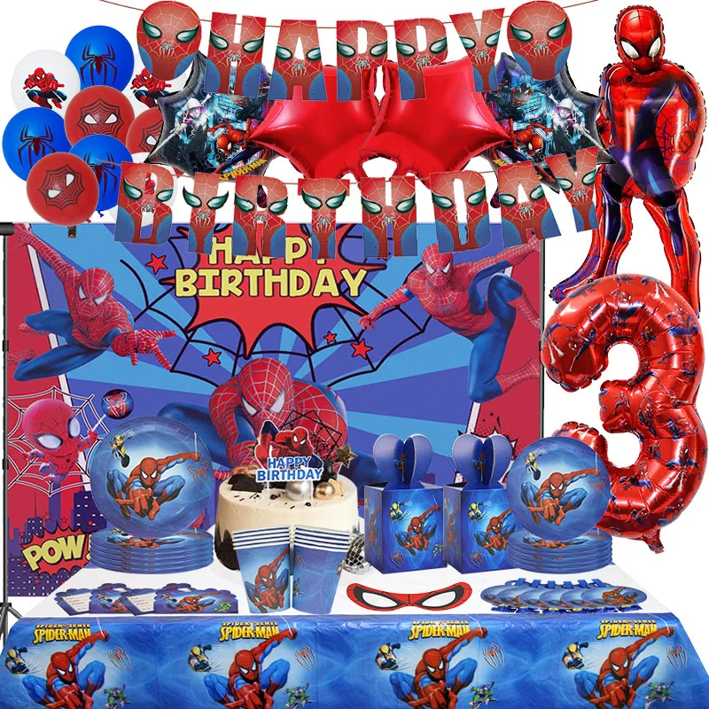 Décoration de fête d'anniversaire Spider-Man, ballons en latex et aluminium, vaisselle jetable, fournitures pour événements pour enfants, bannière, toile de fond