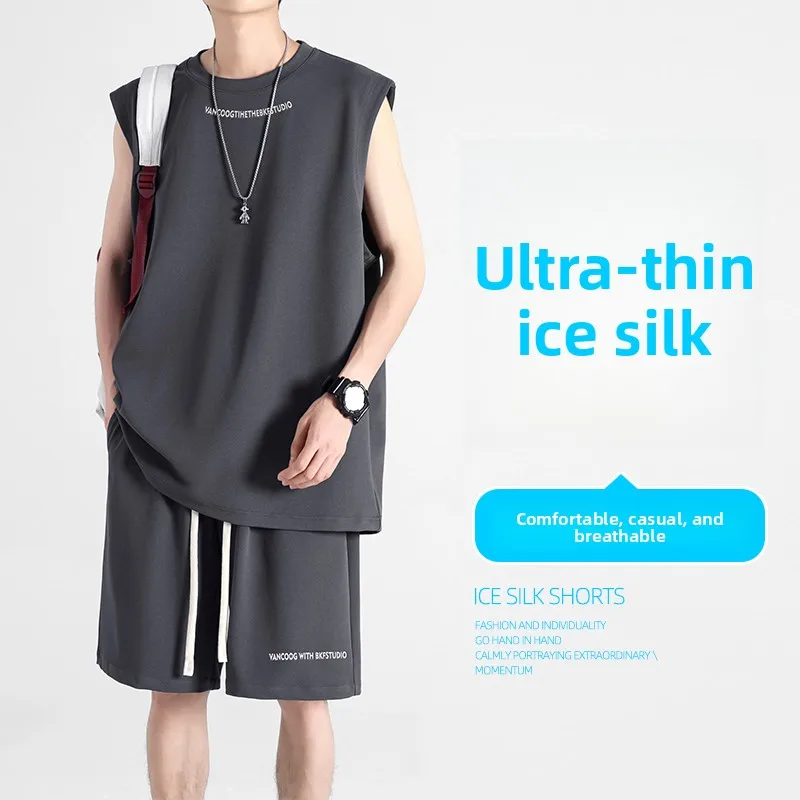 

Мужской летний комплект из ледяного шелка: повседневная спортивная футболка-майка для баскетбола, тонкая, свободная, молодежная, модная, дышащая, с принтом