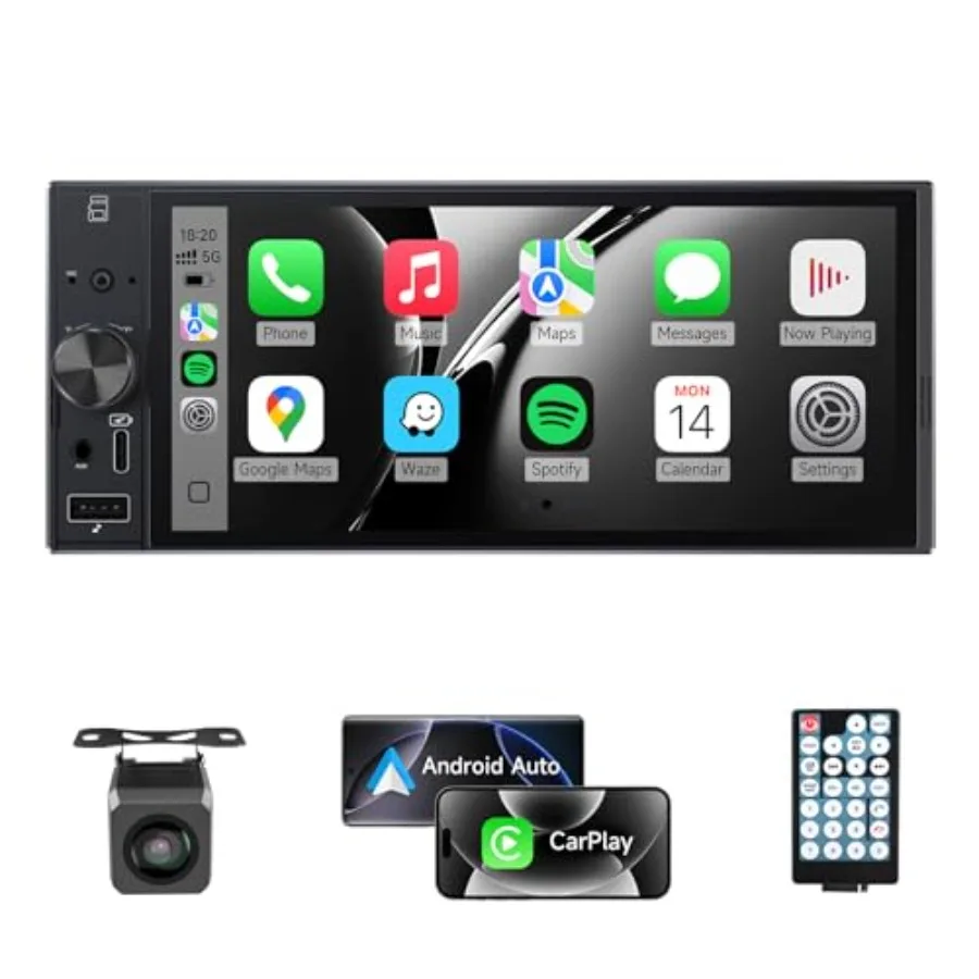 

Single Din Car Stereo for automotive use, ABS plastic body, black color, 6-inch in-cell touch screen with CarPlay and Android A