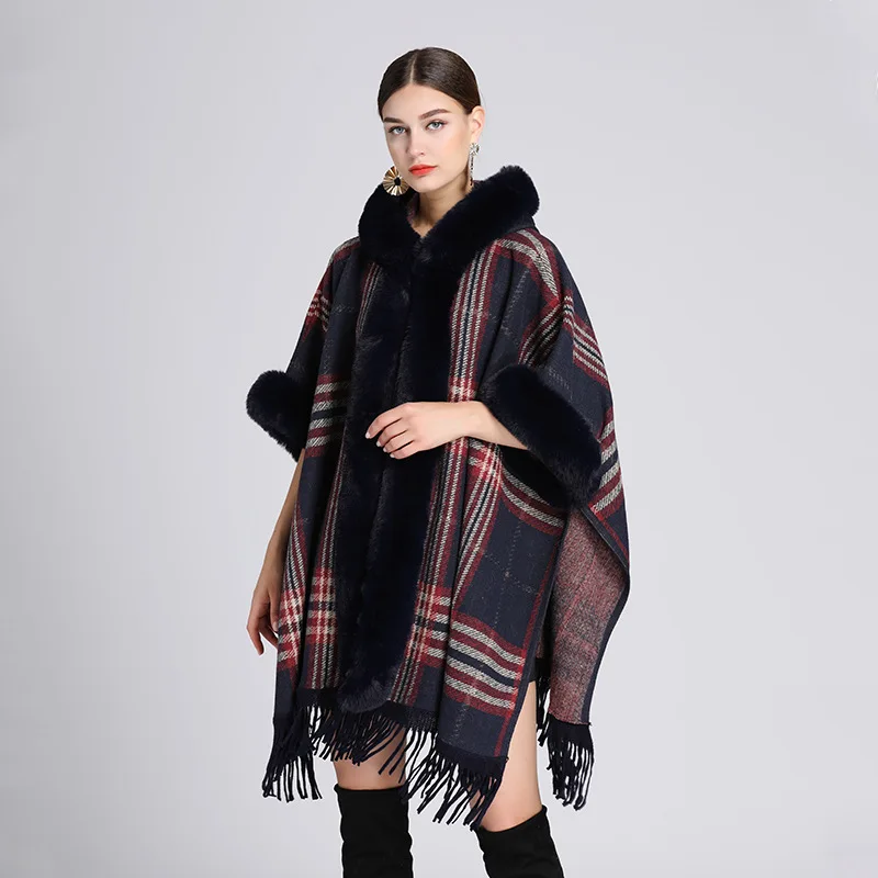 Women Cashmere Feel Hoodie Shawl Lady Rex Rabbit Faux Fur Collar Wrap Autumn Winter Plaid Cloak with Tassel Luxury Warm Overcoat