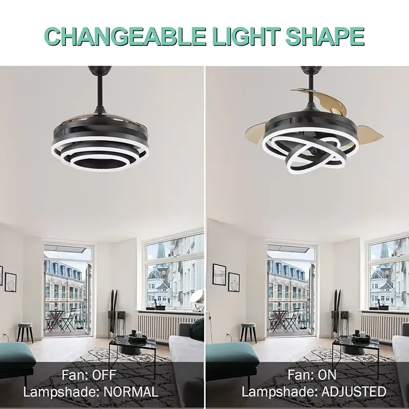 Modern LED Triple Fan Chandelier Black Retractable Intelligent Remote Control Ceiling Fan Light AC Motor for Living Room