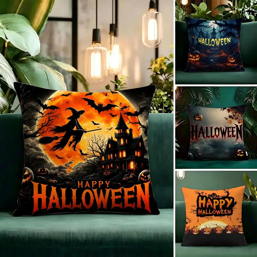Trending Happy Halloween Scene Cushion Cover Linen Pillow Cover Invisible Zipper para Sofa Silla de Oficina