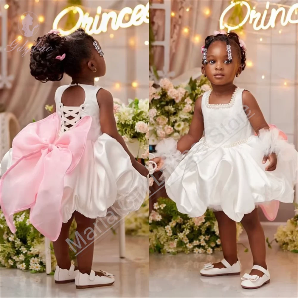 فساتين فتاة الزهور البيضاء لؤلؤية لحفلات الزفاف بفيونكة وردية بطول الركبة وحفلات أعياد الميلاد مخصصة للمناسبات الرسمية ثوب مسائي #3