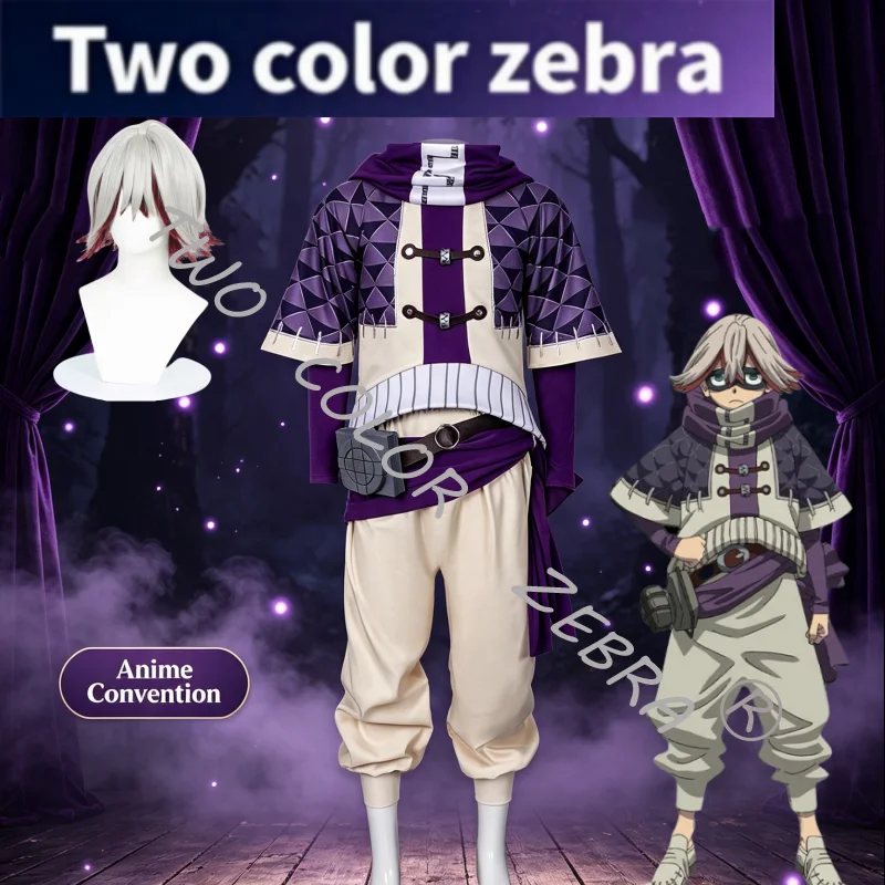 Anime Gachiakuta Fu Orostor Cosplay Costume wig Purple White Combat Outfit with Top Pants and Belt Set for Halloween Comic Con