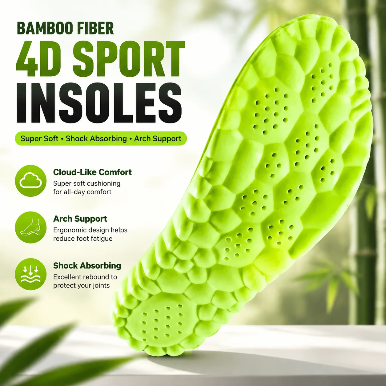 Semelles orthopédiques en fibre de bambou 4D, super douces, absorbant les chocs, avec soutien de la voûte plantaire, pour hommes et femmes, mousse EVA, unisexe, toutes tailles