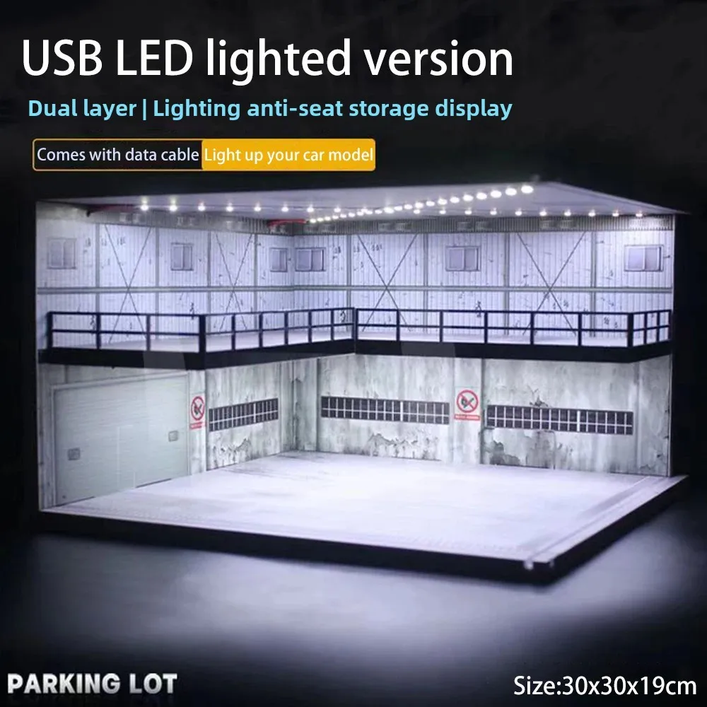 Diecast Car Garage Diorama Model 1/24 1/18 1/64 1/32 Scale LED Lighting Parking Lot Display Scene Model Toy Kit for Collectors