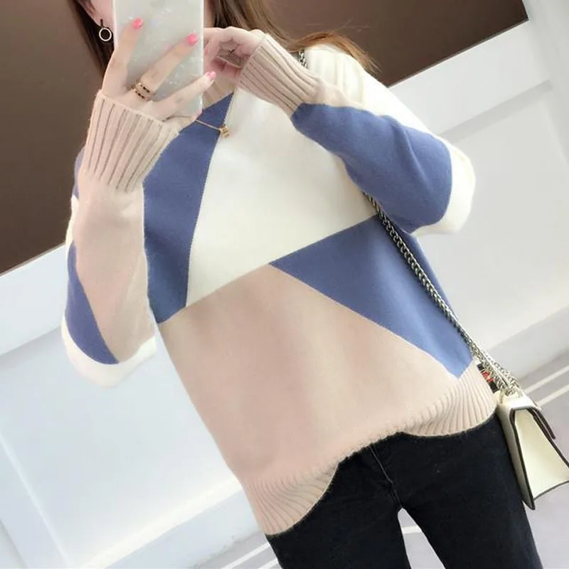 New Autumn and Winter Fashion Korean Version Plush Half High Neck Loose and Versatile Western-style Slim Knit Women's Sweater