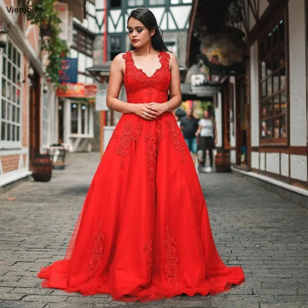 

Evening Dress 2022 A-Line Red Sexy V-Neck Floor Length Sleeveless Lace Appliques Gorgeous Women Party Prom Gowns Sweep Train