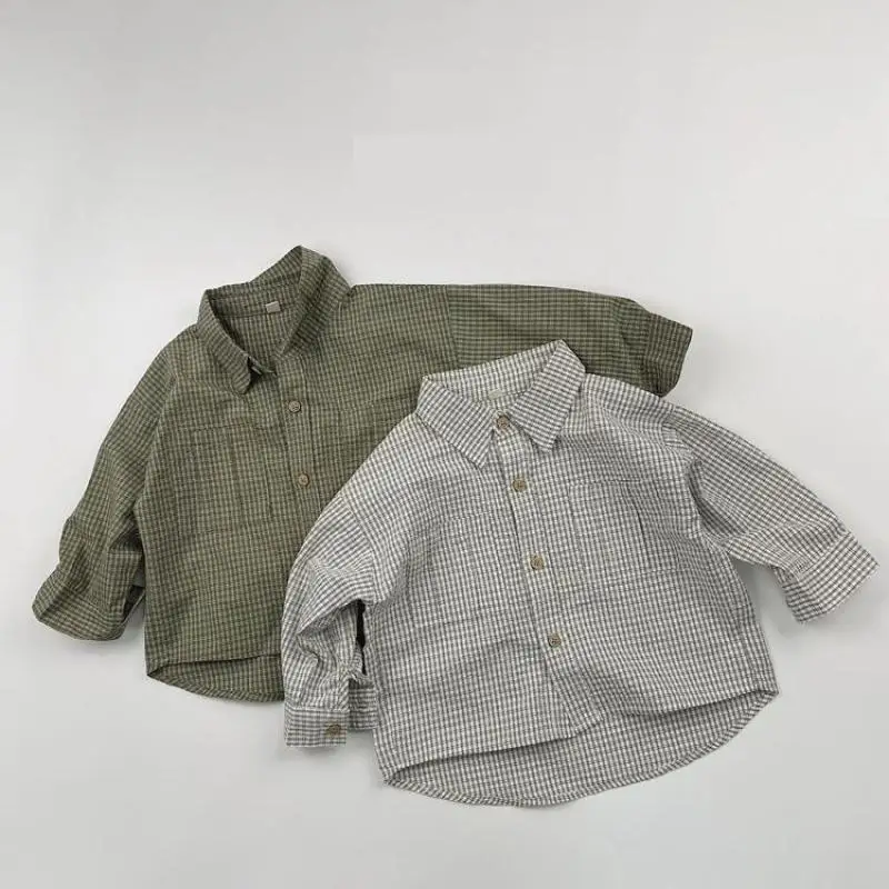 

2024 Spring New Children Long Sleeve Lapel Plaid Shirts Infant Boys Vintage Casual Coat Toddler Girls Pocket Tops Kids Clothes