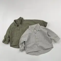 2026 Spring New Children Long Sleeve Lapel Plaid Shirts Infant Boys Vintage Casual Coat Toddler Girls Pocket Tops Kids Clothes