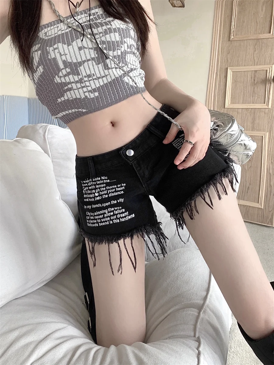 

Slergiri Letter print frayed hem denim shorts women summer y2k vintage low-rise super short hot pants streetwear