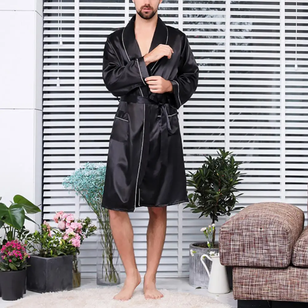 Sleepwear Pockets Belt Men Summer Imitation Silk with Waist Bath Robe Home Gown Sleepwear