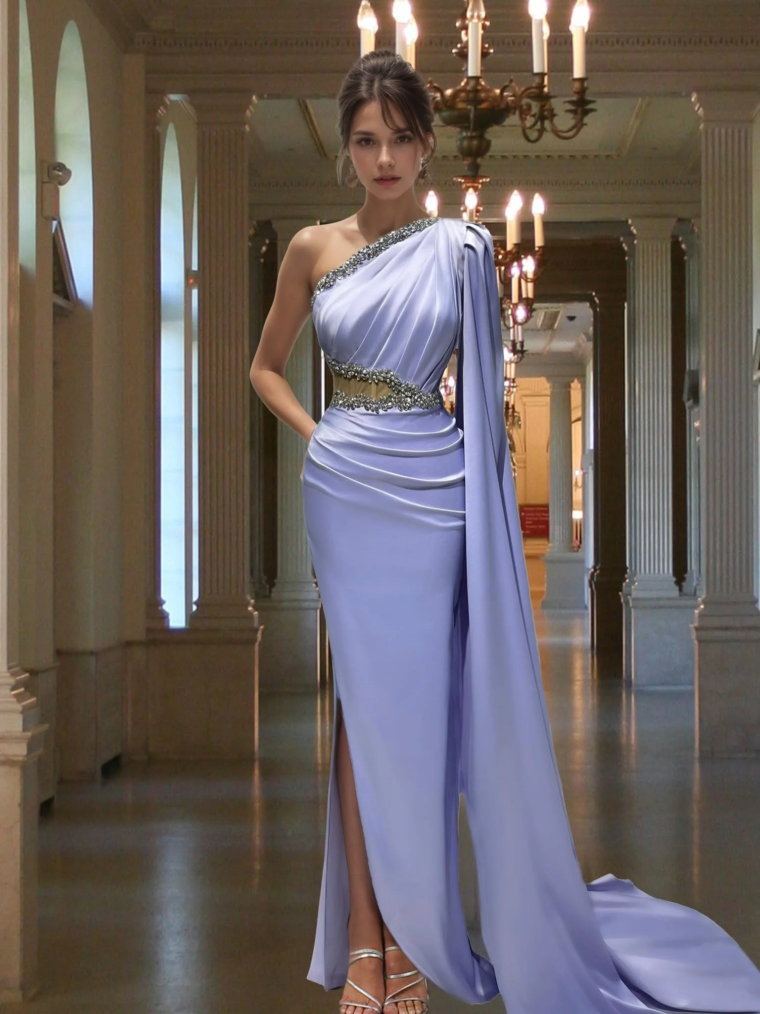 Customized Exquisite Satin Straight One Shoulder Crystal Evening Dresses Sleeveless Watteau Train Special Occasion Gow
