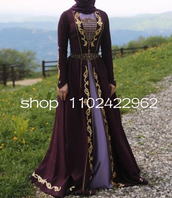 Grape Purple Caucasus National Evening Dresses Lace Applique Dubai Caftan Long Sleeve Prom Gown Muslim Kaftan vestidos de fiesta