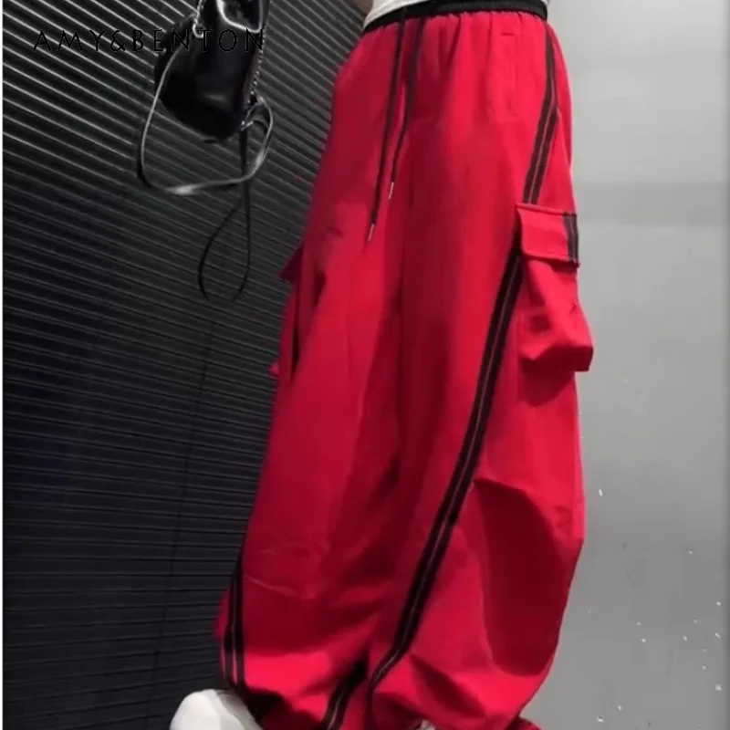 

Y2k Cool Casual Sports Pants For Women's Spring Summer New Heavy Craft Curved Stripe Design Soft Denim Drawstring Long Trousers