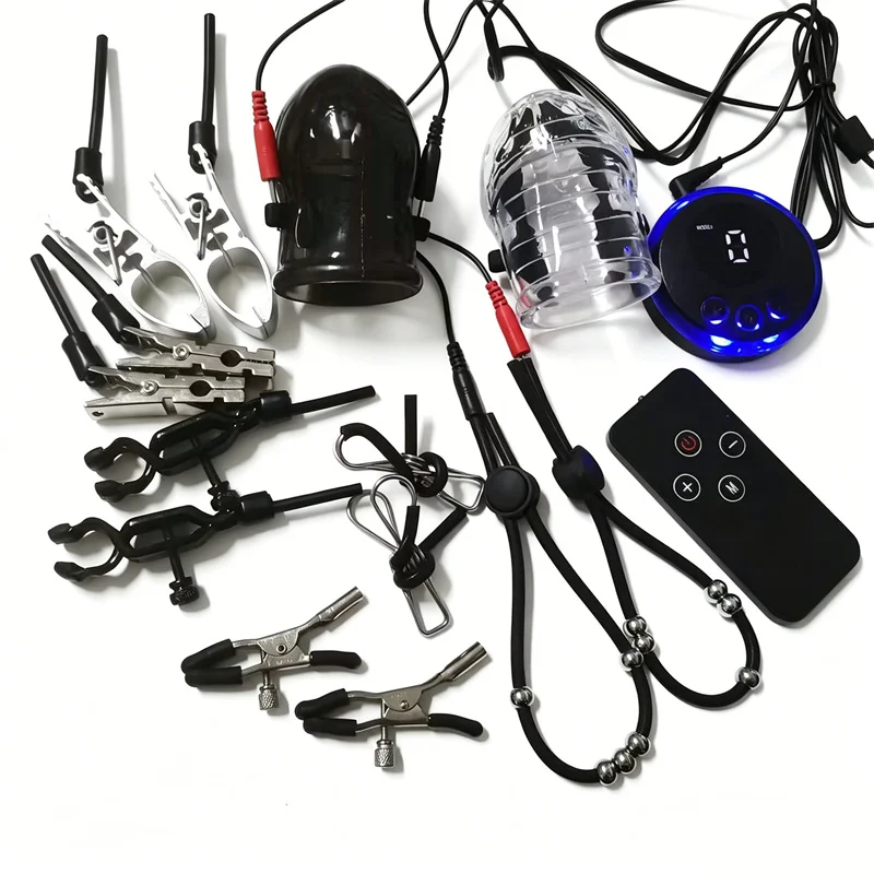 Male Glans Trainer Silicone Penis Cock Rings Metal Nipples Clips Electric Shock Testis Stimulation Adult Sex Toys for Men Women