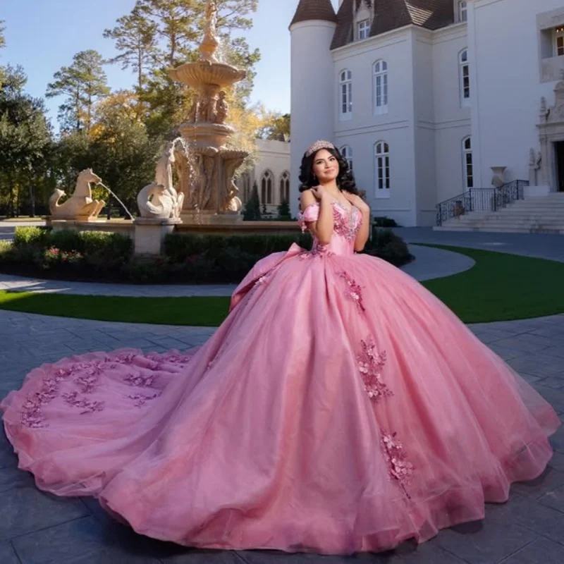 

Pink Quinceanera Dress off-shoulder Crystal Glitter 3D Flower Decal Long tail Bow Vestidos De 15 Quinceanera ﻿Customize