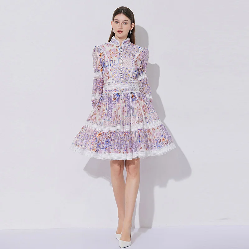 Robe française élégante en dentelle pour femmes, en mousseline de soie, épissure imprimée, taille lanternes, manches lanternes, Style dame, col haut, 2025