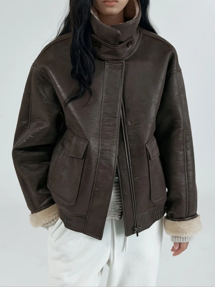 Thiened Fce gefüttert Retro Chic Motorrad Jaet Damen Hong Kong SLE PU Ledermantel Wärme Kragen Design Winter Außen...