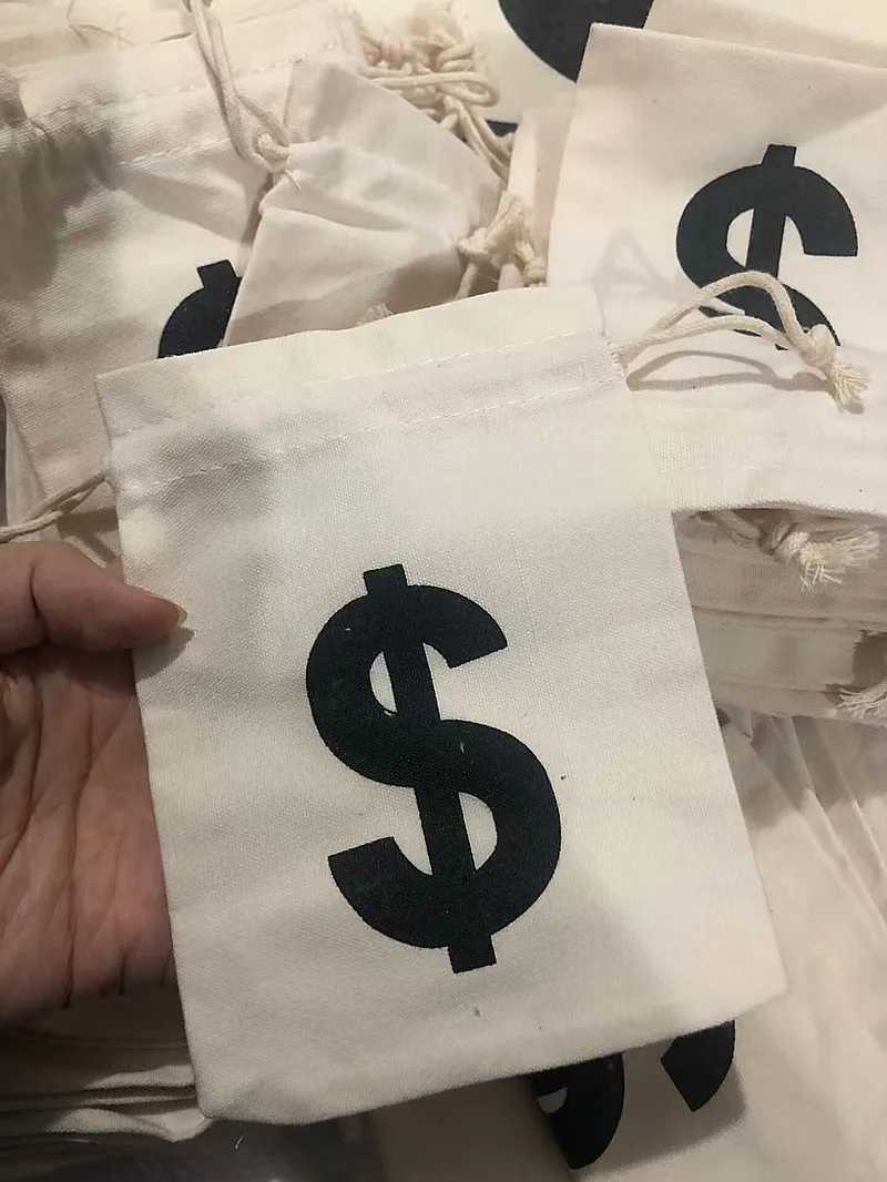 Canvas Money Bags for Party, Costume Money Bag Prop with Dollar Sign, 6.3 x 9 Inches Money Sacks for Halloween Bank Robber Pirat