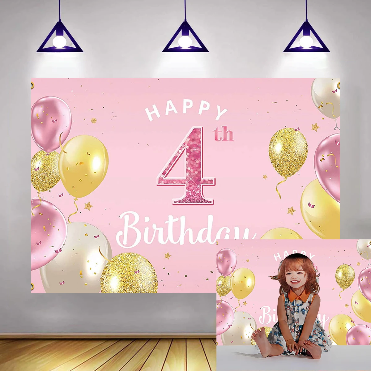 Pink Background Happy 4th Birthday Banner Backdrop 4 Years Old Decorations Party Supplies Girls Dream Golden Balloons Present