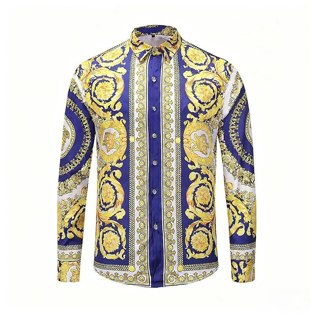 Mens Single-Breasted Casual Business Long Sleeve Shirt European European Palace Pattern Plant Vineman 3d Print Hawaiian Shirt