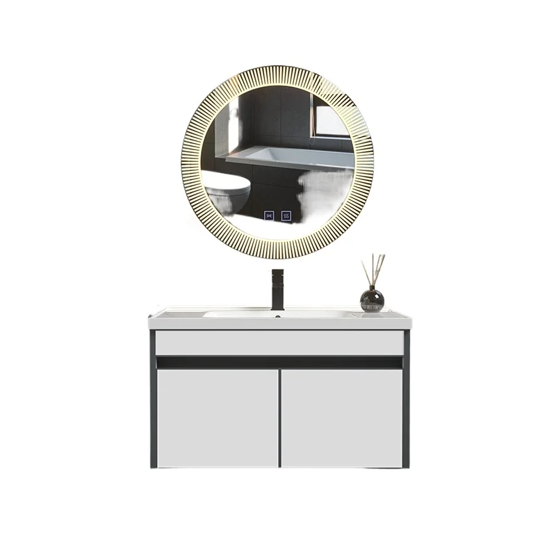 

Curved aluminum white color cabinet ceramic washbasin round three-light color defogging smart mirror bathroom cabinet