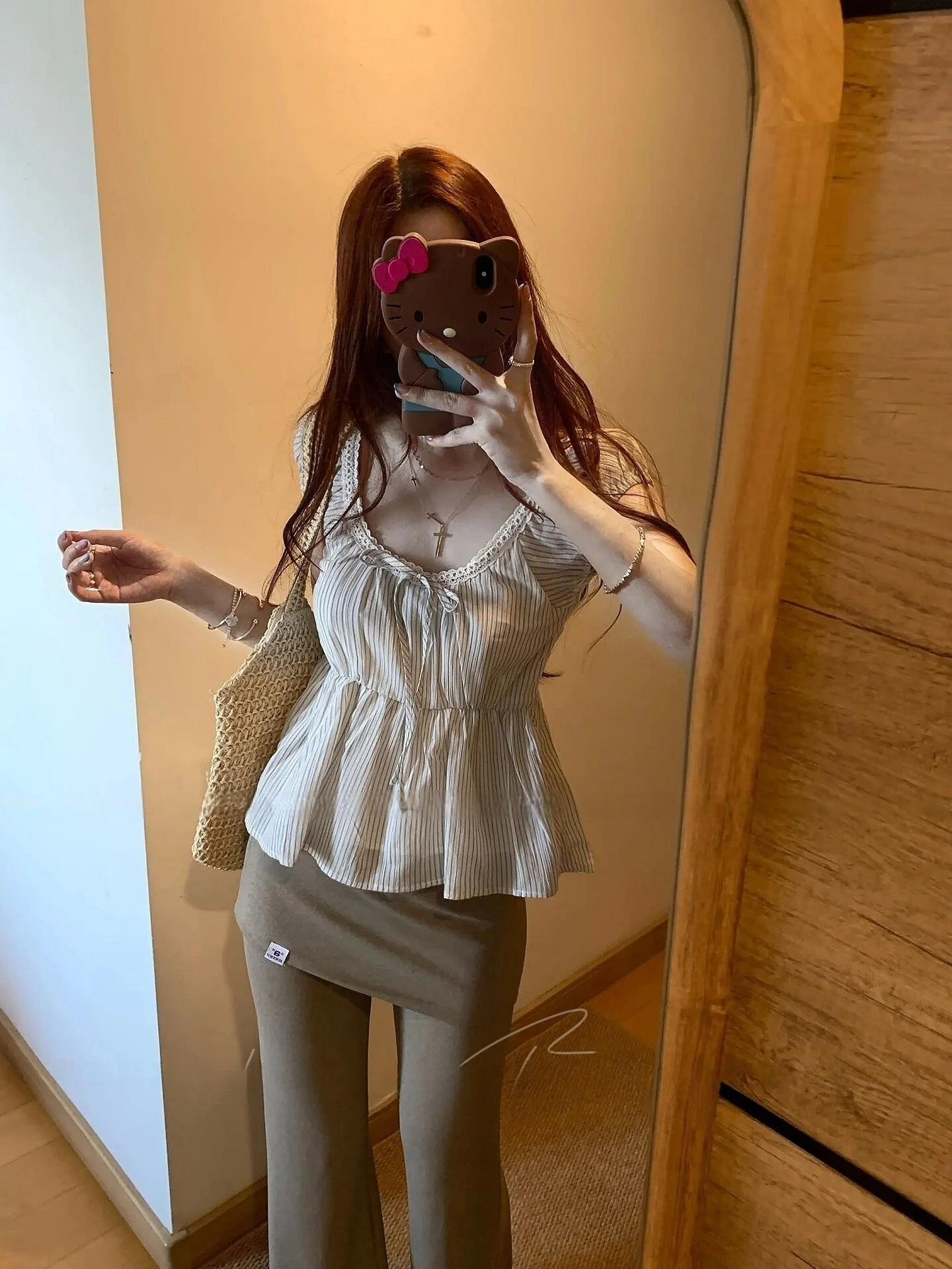 

Elegant Waist-Cinching Women's Shirt Korean Striped Short Sleeve Casual Pants Breathable Comfortable Skin-Friendly Summer Design