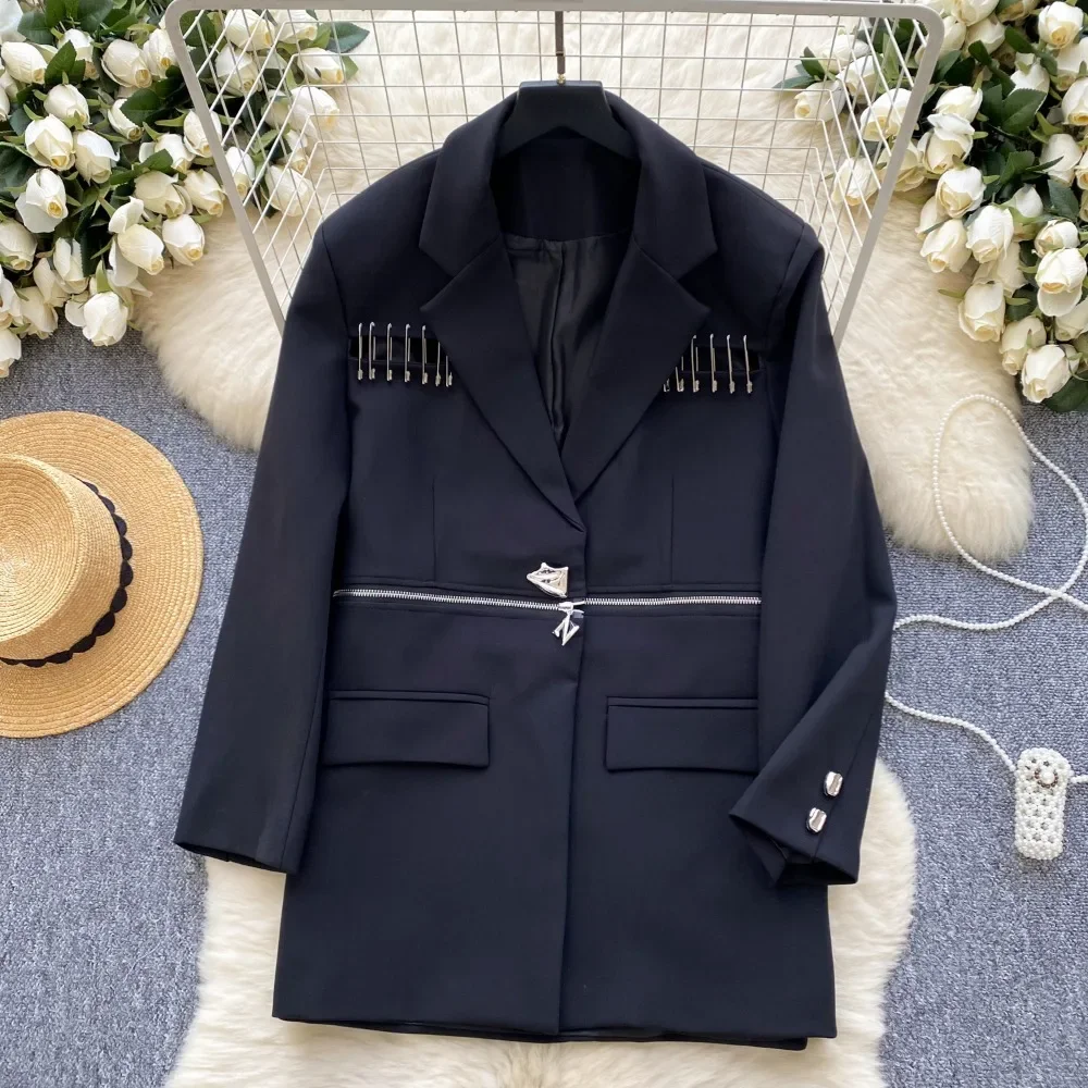 New Hollow Out Outerwears Suit Collar Long Sleeve Ropa Mujer 2025 Spring Jacket Women Zipper Abrigos Invierno Jackets