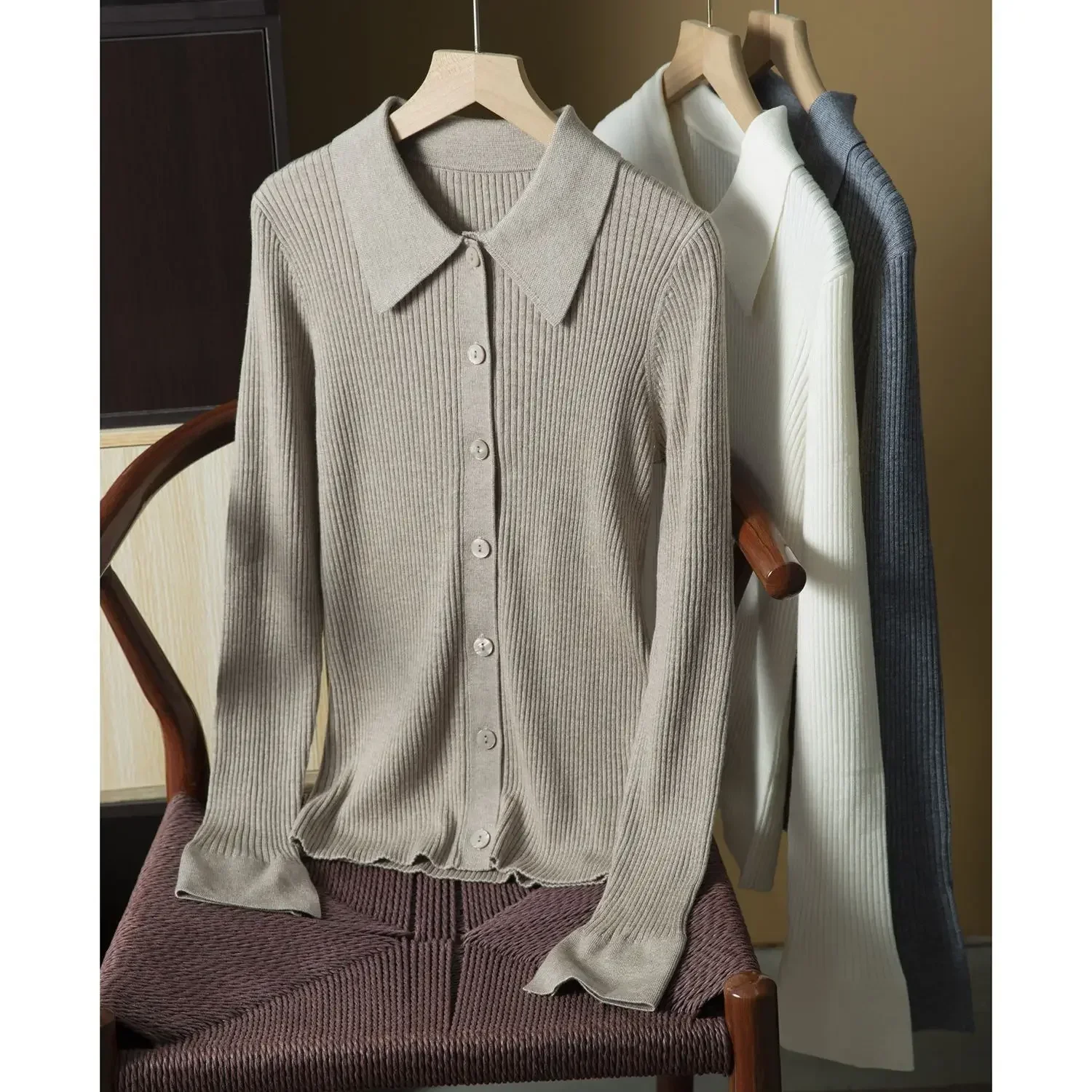 

28S Wool Sweater Cardigan High-end Upgraded Machine Washable POLO-Neck Knitted Sweater Shirt Women WOOL Cardigan
