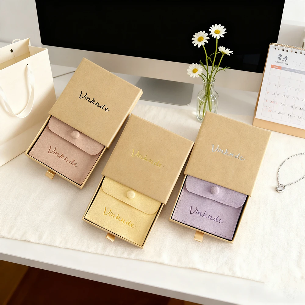 

Custom Logo Printed Slide Paper Drawer Boxes Set for Bracelet Necklace Ring Earring Jewelry Packaging Bag Microfiber Snap Pouch