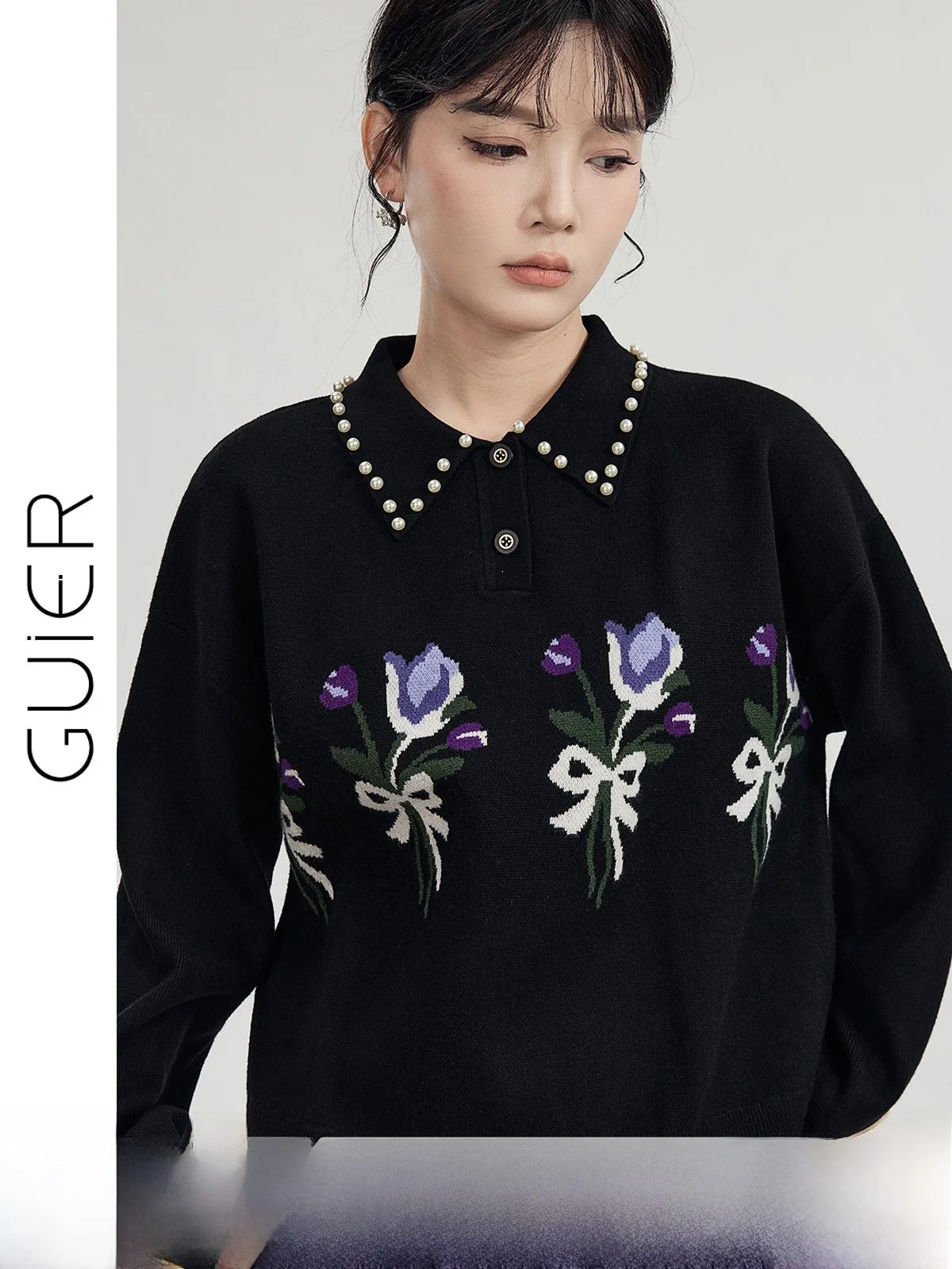 

Guier Long Sve Knitted Sweater Women's Spring Autumn Faion New Sle 2026 Turn-down Collar Embroidery Slimming Top
