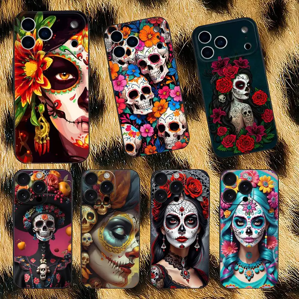 

Day of the Dead Mexican Catrina Skull Phone Case For iPhone 17,16,15,14,13,12,Pro,Max,Plus,E,SE4,Air,Mini Black Soft Box