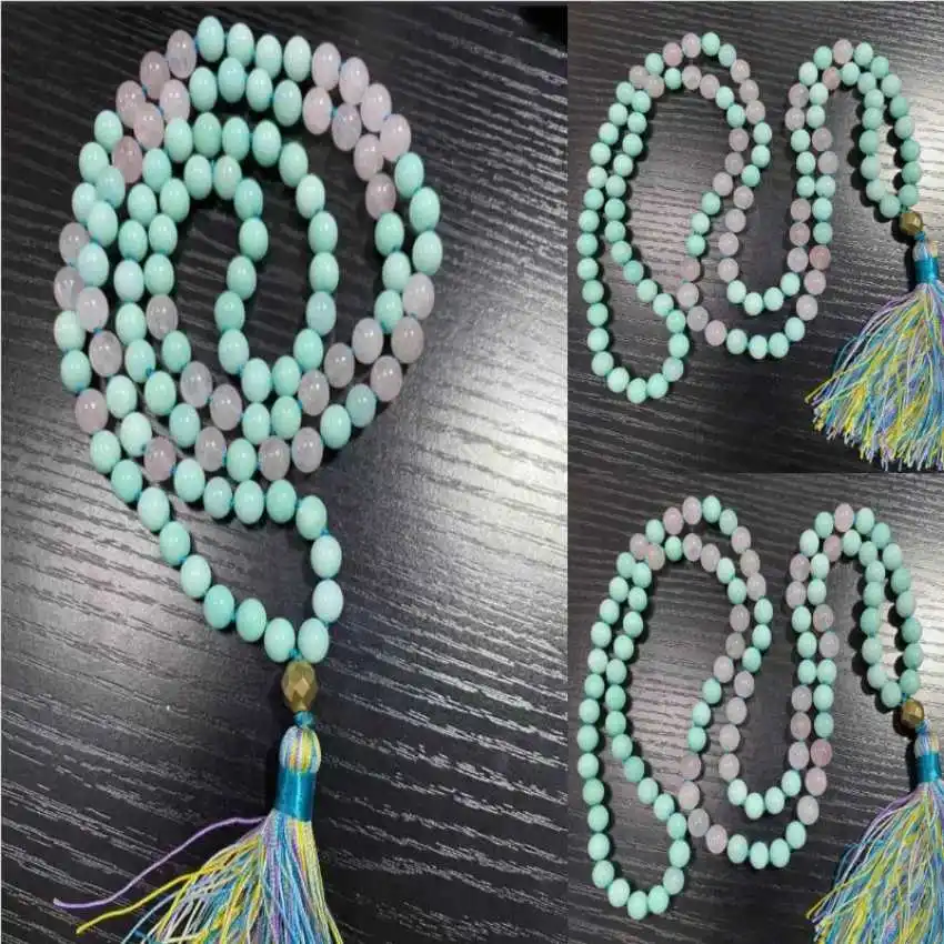 

8mm Handmade 108 blue chalcedony pink knot-MaLa necklace Unisex Gemstone Couples Women Layered Fashion Enthusiasts Crystal Gift