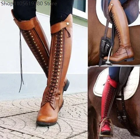 2026 Women Retro Rivet Lace Up Over Knee Tall Boots Plus Size 34-43 Fashion Footwear Ideal For Overseas Cosplay Carnival Wear