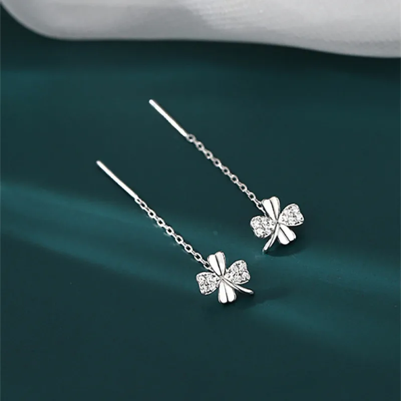 CIAXY Silver Color Plant Flower Clover Zircon Stud Earrings for Woman Girl Chain Tassel Earring Classic Fine Jewelry Gift