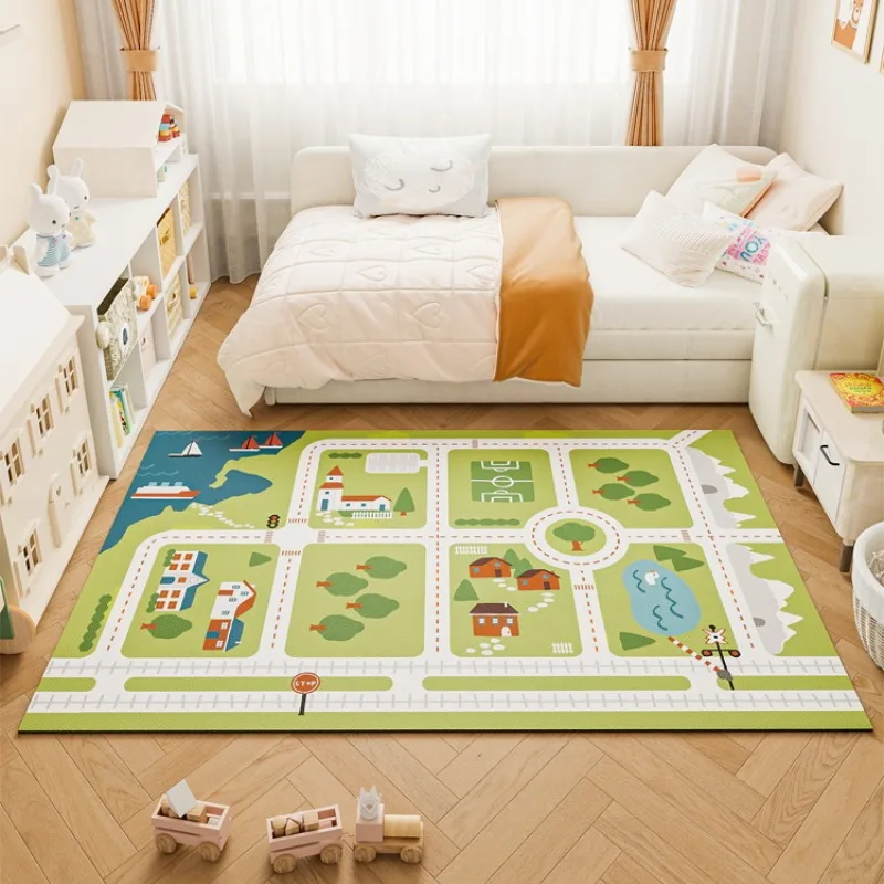 Cartoon Children's Room Carpet Car Track Game Mat Waterproof and Scratch-resistant PVC Rug Green Beige Non-slip Foot Mats Tapete