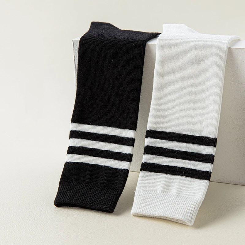 5 Pairs Knee Student Long Pure Cotton Socks Black White Striped Boys Girls Dance Socks College Style Kids Sports Socks For 2-12y