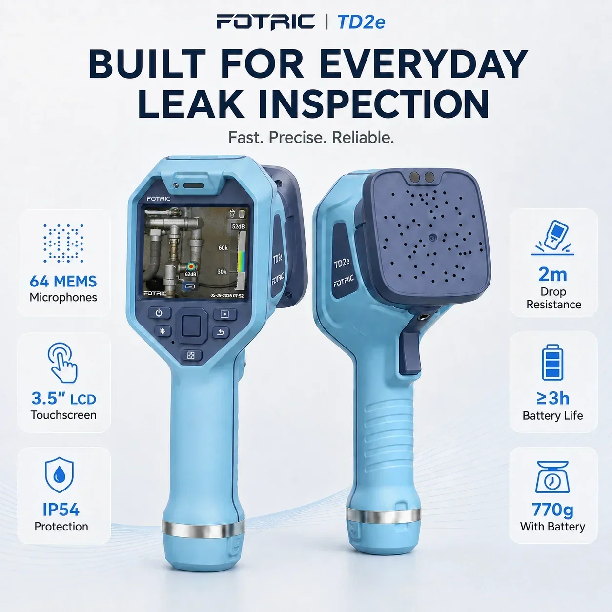 FOTRIC TD2e 64 MEMS Acoustic Imager Ultrasonic Leak Detector Camera 0.3-60m 2kHz-100kHz for Automotive Wind Noise Door Window Seal Tire Hose Air Vacuum Gas Leak Test Compressed Air Pipe HVAC Maintenance Sound Source Locator IP54 3.5in 5MP Touchscreen Tool