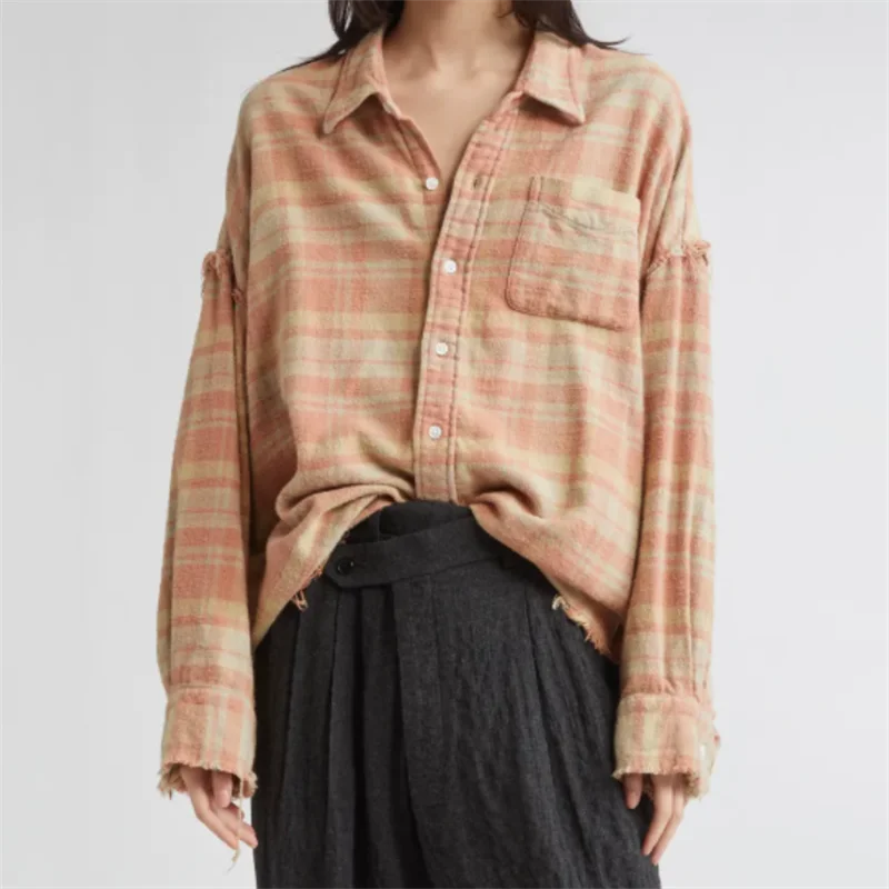 

Women's shirt New couple style loose long sleeved top for autumn 2025 High quality pure cotton plaid Women's blouse thin coat