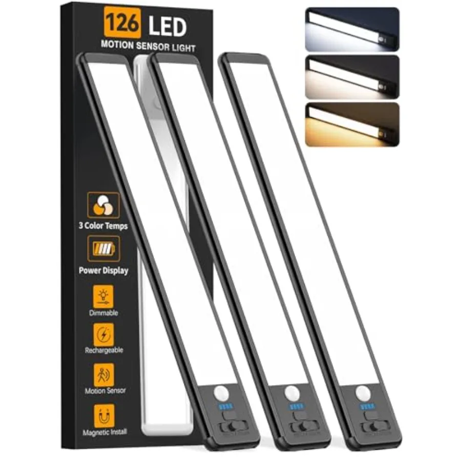 

Under Cabinet Lighting Wireless, 15inch Rechargeable Motion Sensor Light Indoor, 3 Color Closet Light Battery Operated with LED