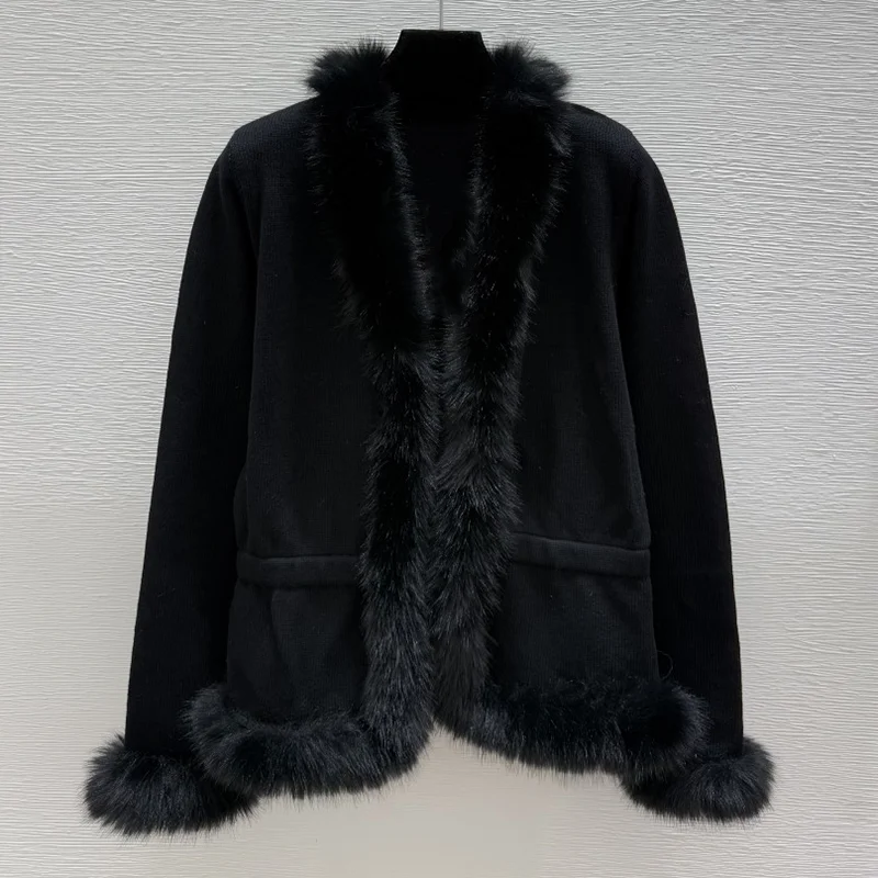 

High-quality women's fur-edge stitched wool cardigan winter luxury clothing black fashionable sweater 251028115