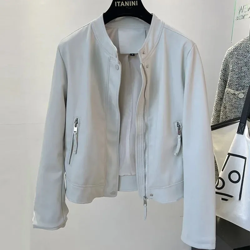 Veste en cuir PU à col montant pour femme coréenne, manteau en Faux cuir à manches longues, haut court en cuir, printemps-automne, 2025