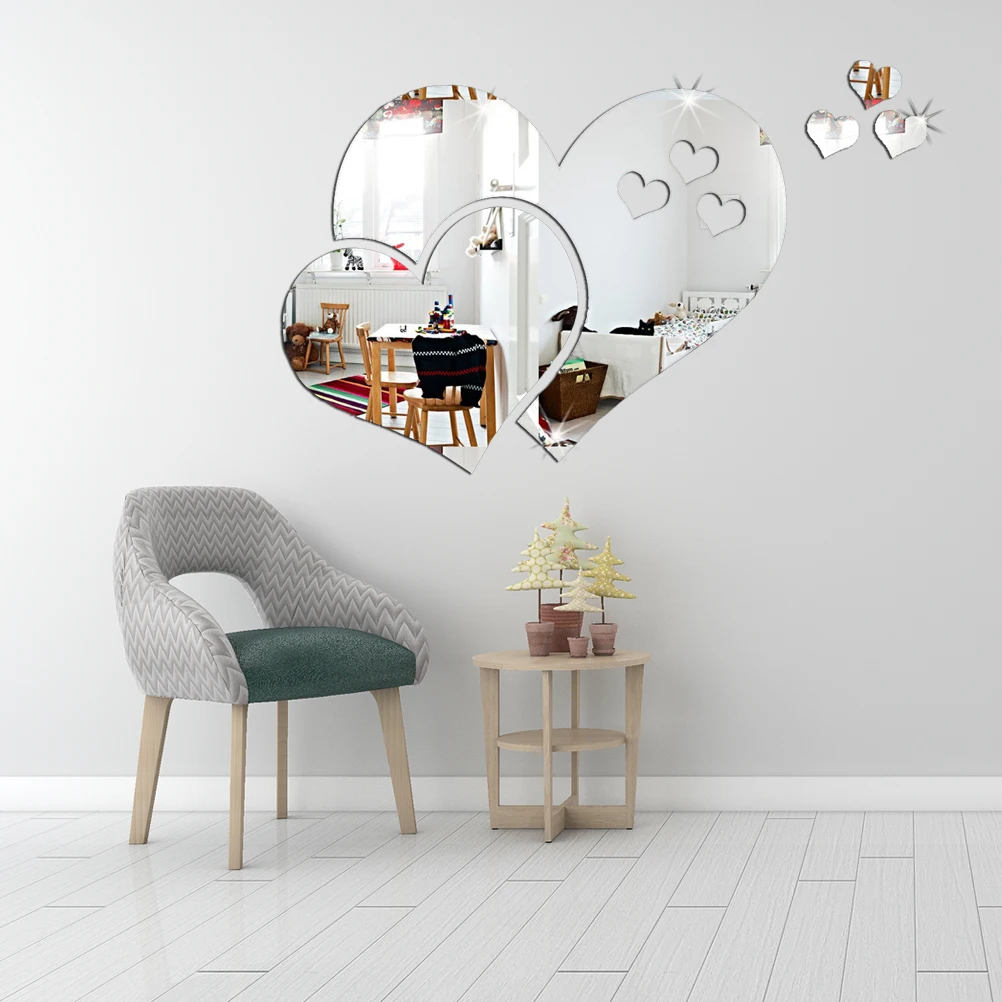 

Acrylic Mirror Surface Heart Shaped Wall Sticker Silver Waterproof Home Bedroom Office Decoration Decorative Mirror Decal