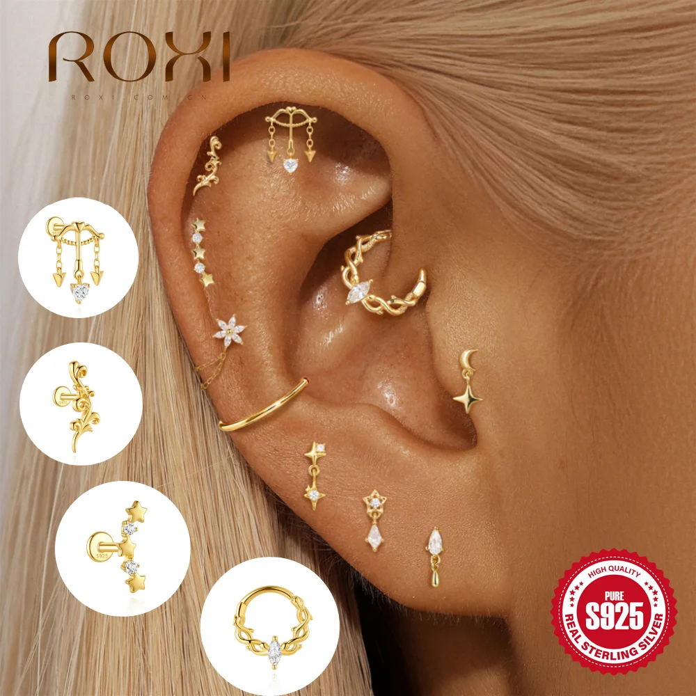 ROXI 1PC 925 Sterling Silver Cupid Arrow Vine Inlaid Zircon Flat Back Cartilage Studs Ladies Helix Piercing Jewelry