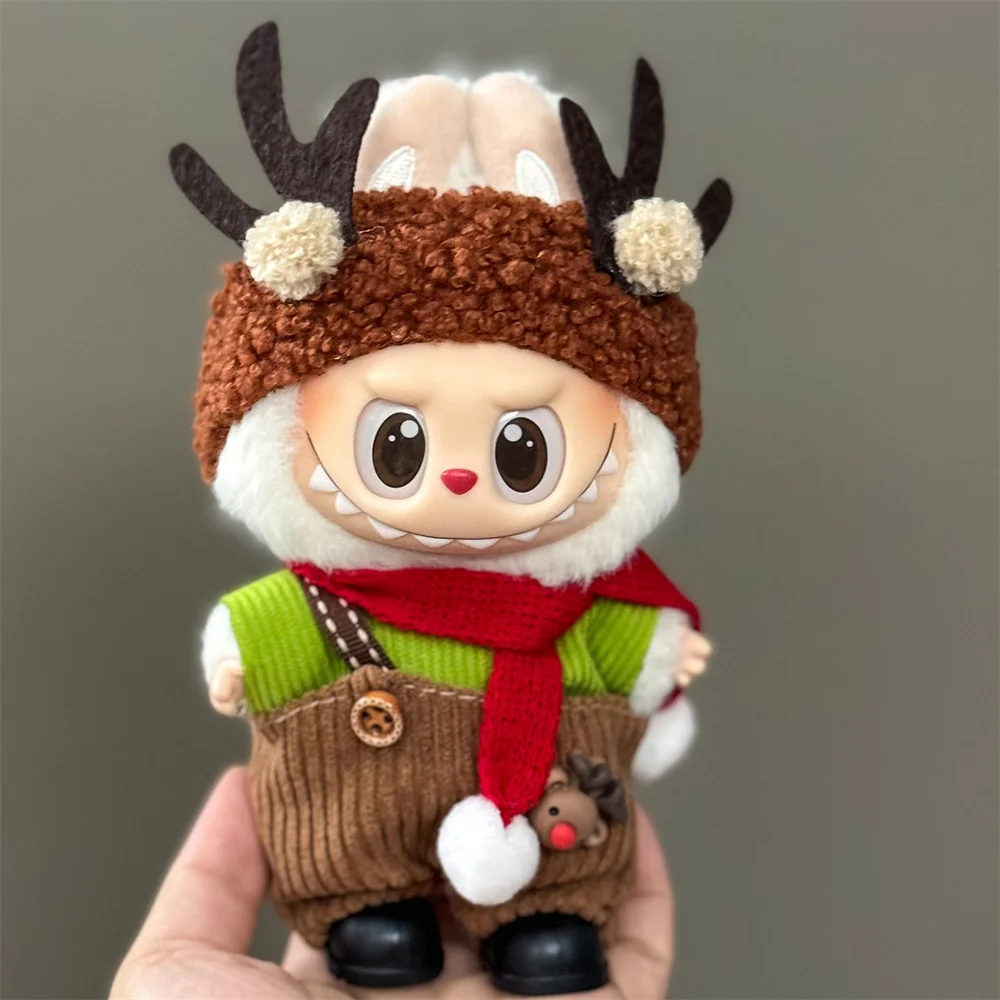 15-17CM 라부부 의류용 인형 옷 메리 크리스마스 모자 스카프 엘크 눈사람 세트 미니 봉제 인형 액세서리 새해 드레스 선물