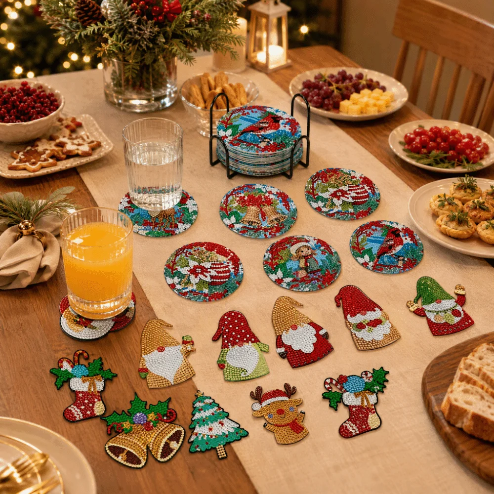 8Pcs with Metal Stand DIY Painting Coasters Entry-level Handmade Round Art Coasters Table Protector Simple Diamond Coaster Kit