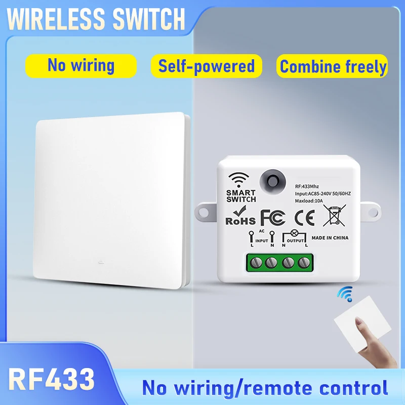 

Self-Powered RF433 Wireless Remote Switch | Adhesive Mount | Multi-Gang Multi-Control | Battery-Free No Wiring